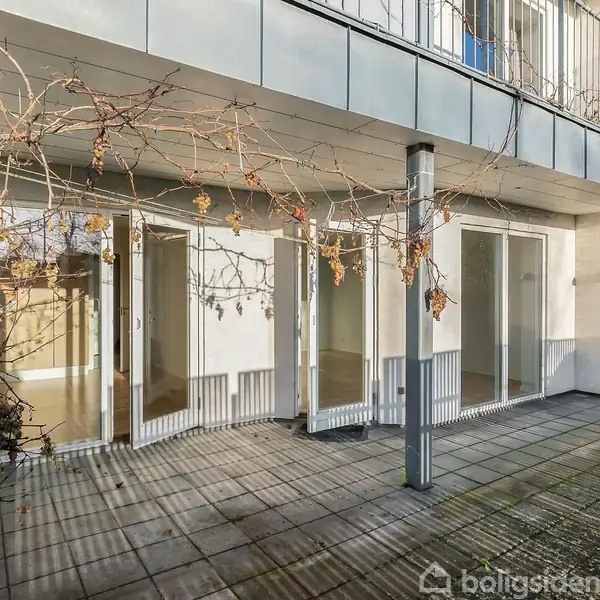 Bygning med store glasdøre åbner ud til en flisebelagt terrasse. Ingen personer er til stede, og bygningen er omgivet af spredt beplantning og en have i baggrunden.