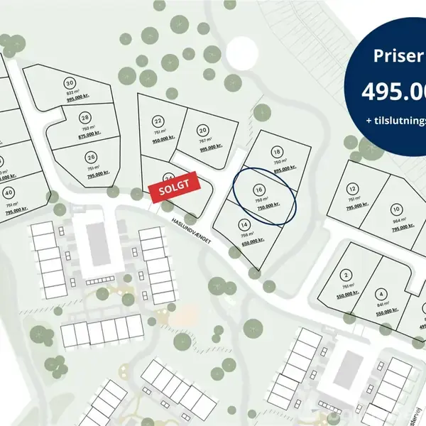 Oversigt over boliggrunde med nummerering og etiketter som "SOLGT." Placeringen i et grønt område med veje og andre boligblokke. Pris specificeret som "Priser fra 495.000,- + tilslutningsbidrag."