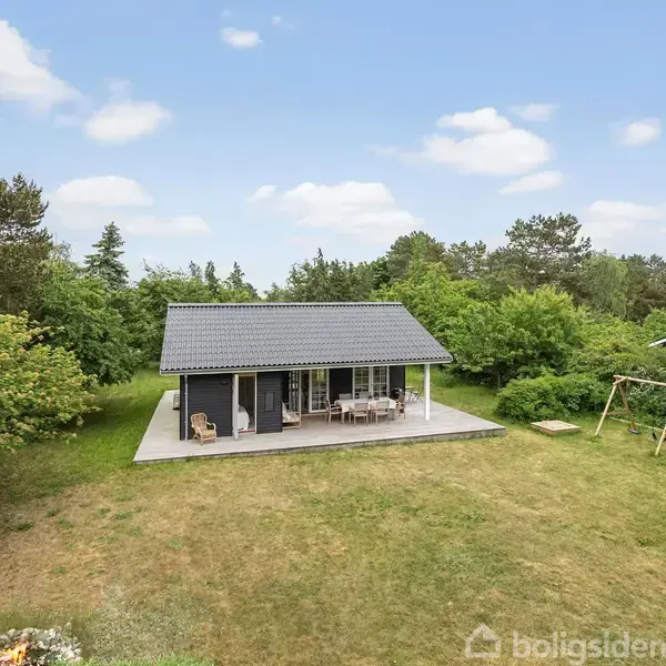 Et sort sommerhus står stille på en grøn græsplæne omgivet af buske og træer. En lille terrasse foran huset har møbler, og der er en gynge i baghaven.