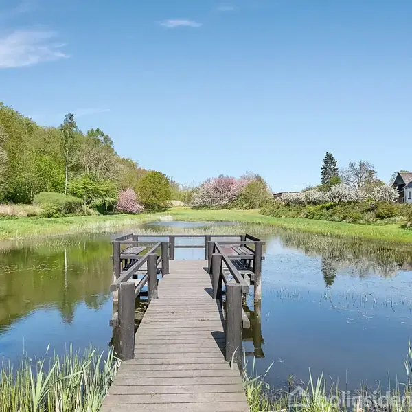 En træbro strækker sig over en lille sø omgivet af grønne træer og buske. I baggrunden ses et hus, og himlen er klar og blå.