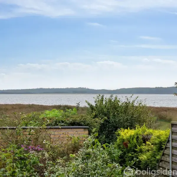 Hus med fladt tag omgivet af frodige buske og et græsplæne. I baggrunden ses en bred strandkant og en rolig sø med en skovklædt ø i horisonten under en klar blå himmel.
