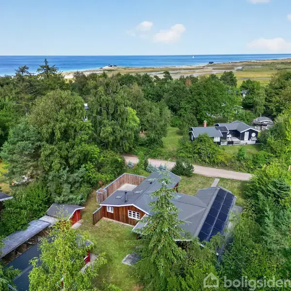 Et sommerhus med mørkt tag er omgivet af frodige træer. I baggrunden ses havet og en strand. Små stier og andre huse er synlige gennem det grønne landskab.