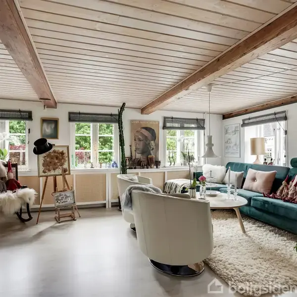 Stue med grøn sofa og rundt sofabord på tæppe, placeret i et lyst rum med synlige loftsbjælker. Vægkunst og planter dekorerer den hyggelige, indbydende atmosfære.