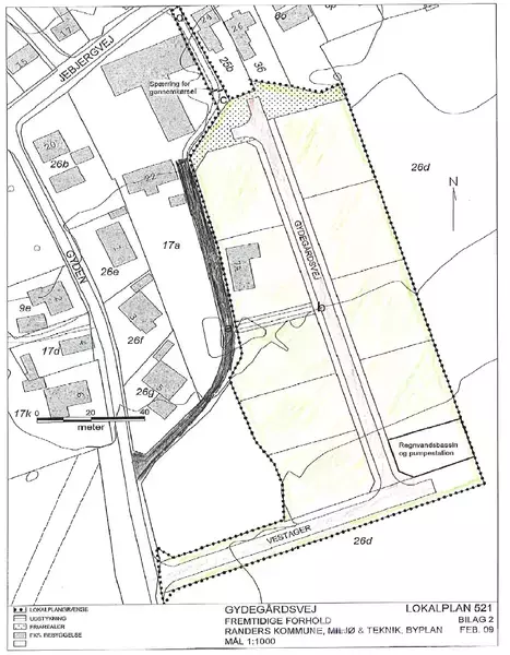 Et kort over et boligområde viser Gydegaardsvej med flere matrikelnumre og veje. Området er markeret med en stiplet linje. Nederst står der: "Randers Kommune, Miljø & Teknik, Byplan. Mål 1:1000."