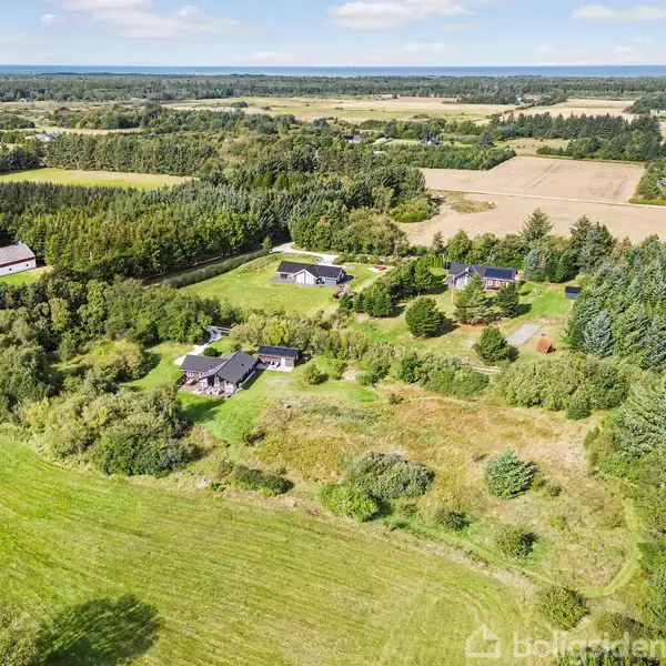 Et træhus med overdækket terrasse står på en velplejet græsplæne. I baggrunden ses en garage, omgivet af grønne træer og buske under en blå himmel med skyer.