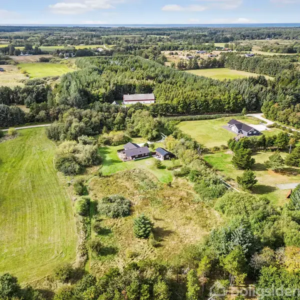 Luftfoto af flere huse omgivet af grønne marker og skovområder. Bebyggelsen er spredt i et landligt område med åbne marker i baggrunden.