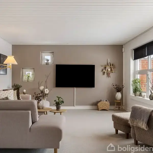 En beige sofa står i en stue med moderne indretning; fjernsynet hænger på en brun væg, og store vinduer med sorte persienner lukker lys ind.