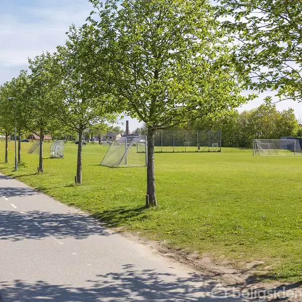 Række af træer står langs en asfalteret sti. Fodboldmål og en grøn græsplæne fylder området til højre, hvor folk kan spille. Solrigt og klart vejr præger scenen.
