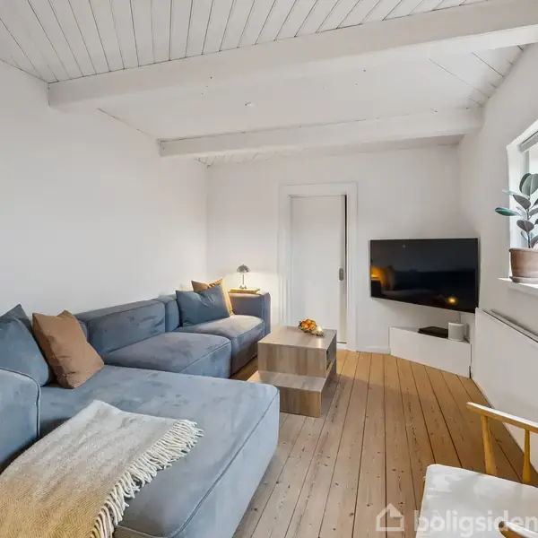 En blå sofa står i en lys stue med trægulv. Ved siden af er et lille bord og en fladskærms-TV på væggen. Et vindue lader naturligt lys komme ind.