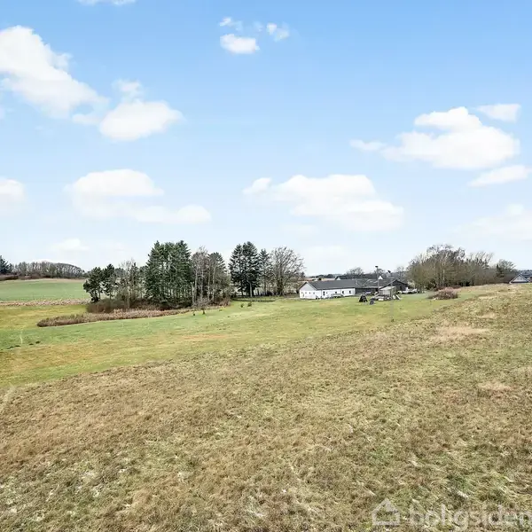 Græsmark strækker sig mod en gruppe huse langt borte, omkranset af træer i en landlig setting. Himmelen er lys og let skyet.
