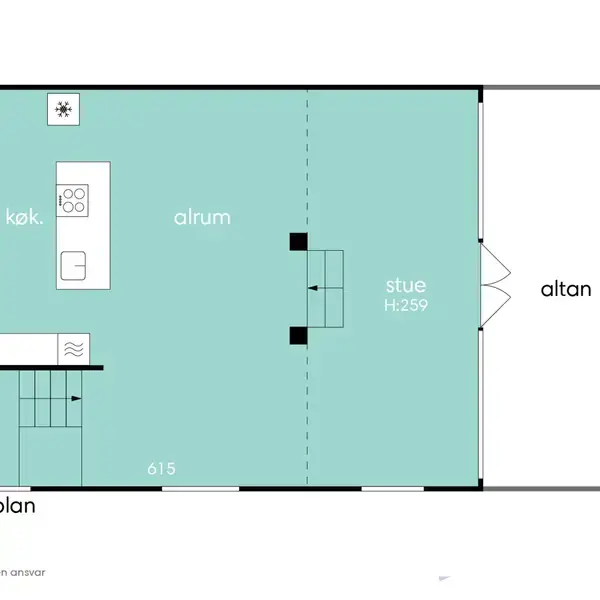 Plantegning viser en åben stueplan med køkken (køk), alrum, og stue (H:259), samt en altan. Tekst inkluderer "stueplan", "615", "vejledende tegning uden ansvar," og kompasretning med nord ("N").