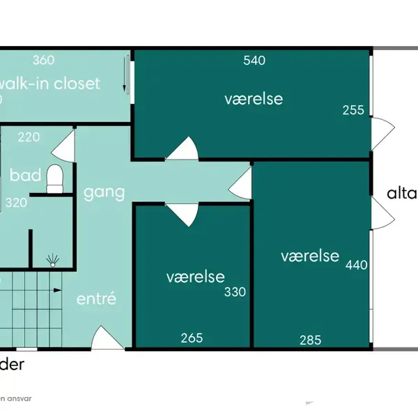 Plantegning viser en kælder med fem rum: entré, gang, badeværelse, walk-in closet og tre værelser. En altan er tilknyttet to værelser. Mål er angivet i kvadratmeter. Nederst står "vejledende tegning uden ansvar".