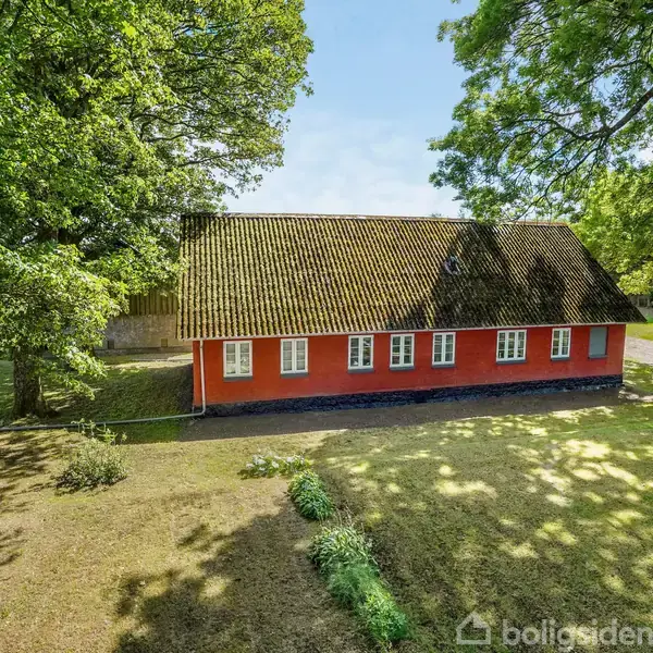 Rødt hus med stråtag står stille blandt grønne træer og græs i en solrig, skovomgivet have.