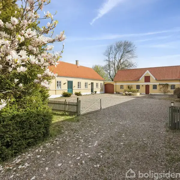 En gårdsplads med grus, omgivet af traditionelle gule landbygninger med rødt tegltag. En blomstrende magnoliatræ til venstre og en åben træport giver adgang til området.