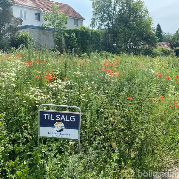 Græsmark med vilde blomster, hvor et "TIL SALG" skilt fra EDC står i forgrunden; omgivet af villaer og træer i en hyggelig kvarter.
