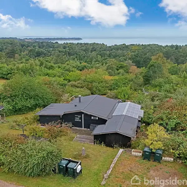 Et sort hus omgivet af frodig vegetation ligger i en skovklaring med udsigt til havet i horisonten. Solpaneler er monteret på taget.