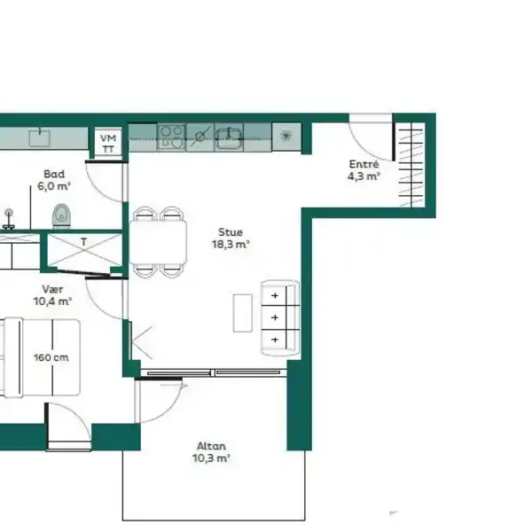 Plantegning af en lejlighed med entré på 4,3 m², stue på 18,3 m² med spisebord, køkken langs væggen, værelse med seng 160 cm, bad på 6,0 m² og altan på 10,3 m².