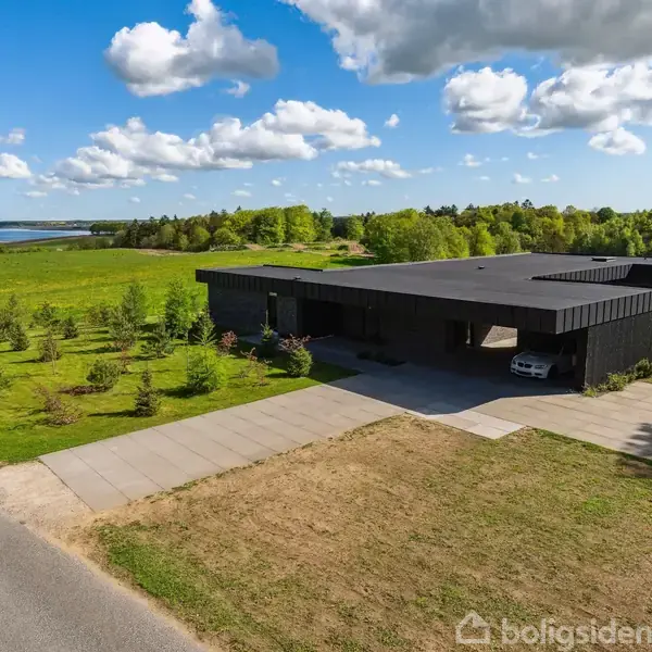 En moderne, sort villa står stille i et frodigt, grønt landskab med udsigt til en vej og et åbent felt. Små træer omgiver huset, og en bil er parkeret i carporten.
