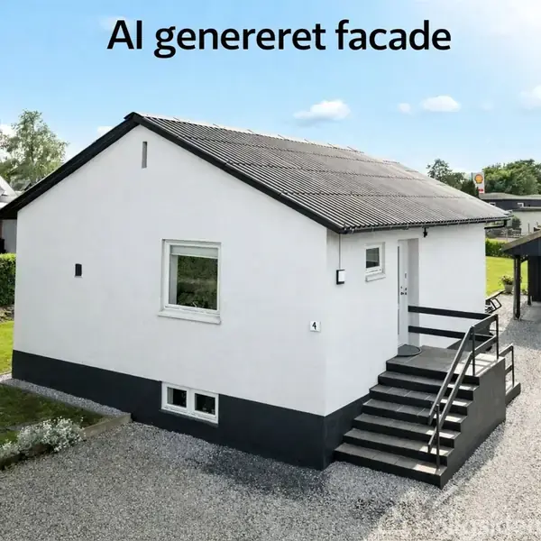 Hus med hvid facade og sort tag står på gårdsplads med grus. Trappe leder til hoveddøren, lille carport i baggrunden. Tekst: "AI genereret facade".