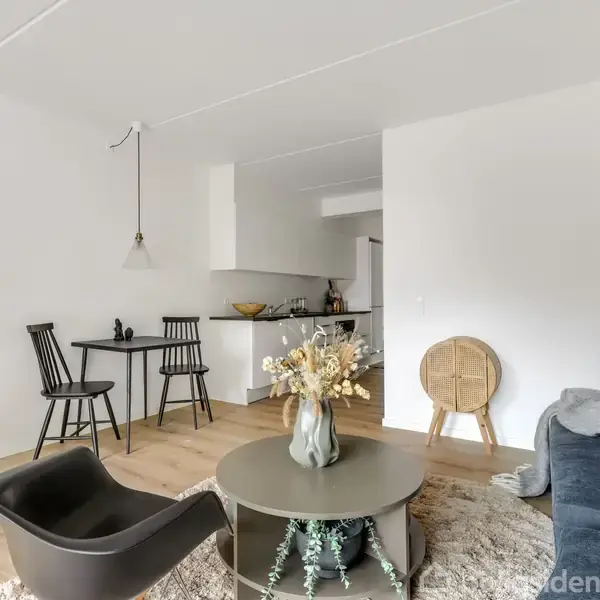 Et moderne stueområde med en grå sofa, rundt sofabord med vase og tørrede blomster, blød tæppe og lænestole. Et lille spisebord med to stole står ved siden af en åben køkkenindretning.