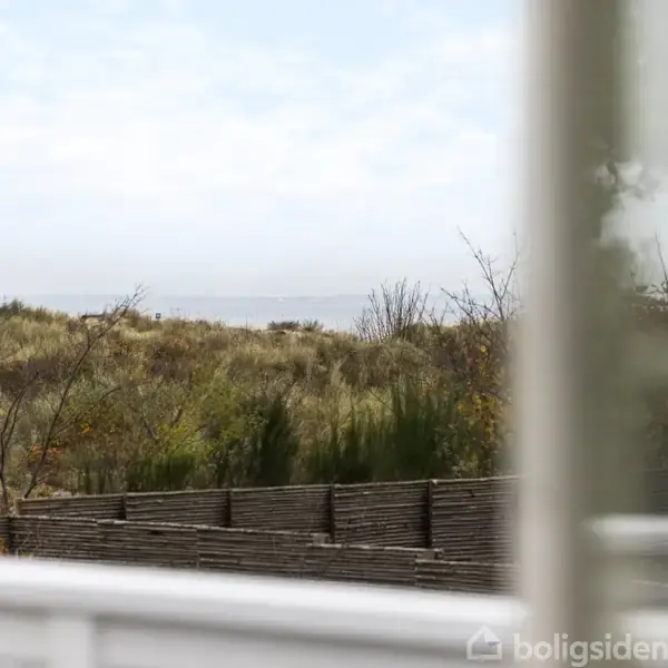 Græs og buske dækker en klit, set fra en terrasse, med en plankevæg forrest og havhorisont i baggrunden, under en skyet himmel.