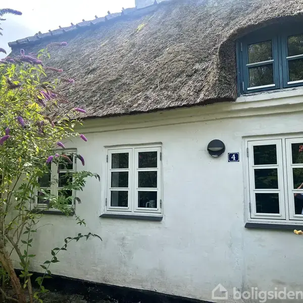 Huset har hvid facade og stråtag med blå vinduer. Det ligger i en frodig have. En blå plade med tallet "4" er monteret ved siden af døren.