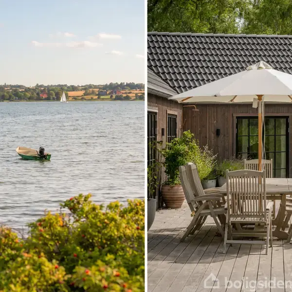 En lille båd flyder stille på en sø omgivet af grønne buske og træer. Ved siden af ses en terrasse med et stort havebord, stole og parasol.