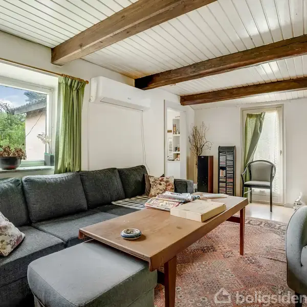 Grå sofa står i stue med træbjælker i loftet. Sofaen er dekoreret med puder. En træbord står foran, omgivet af planter ved store vinduer med grønne gardiner. Ingen tekst.