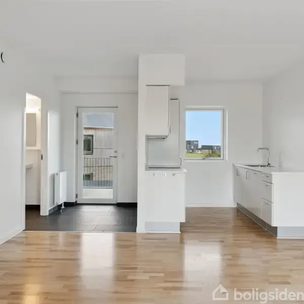 Et lyst og åbent rum indeholder et moderne køkken langs højre væg. Rummet har trægulv og en dør med glas, som fører til en balkon. En radiator er placeret ved indgangen.