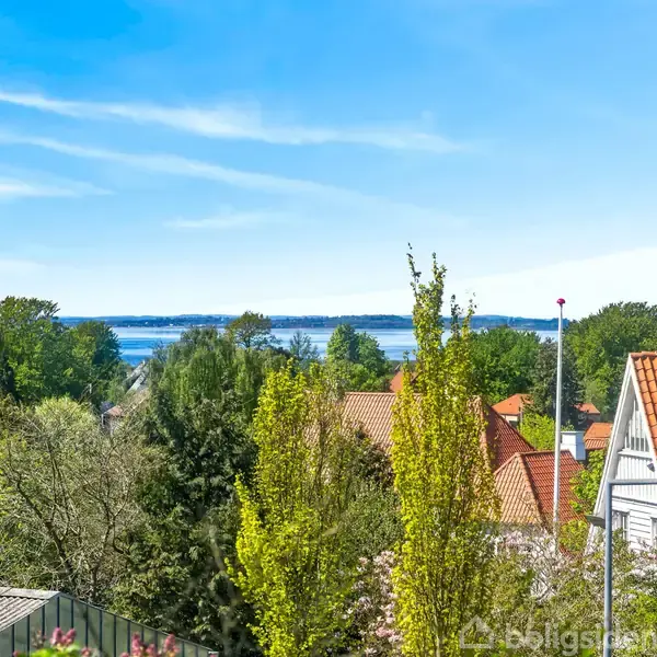 Røde hustage ligger mellem grønne træer, mens en sø eller fjord er synlig i baggrunden under en blå himmel.