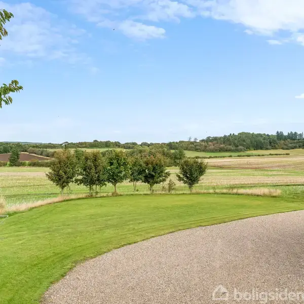 Grusvej fører til frodig græsplæne omgivet af marker og rækker af træer under en blå himmel. Terrasse set til højre; landligt landskab i baggrunden.