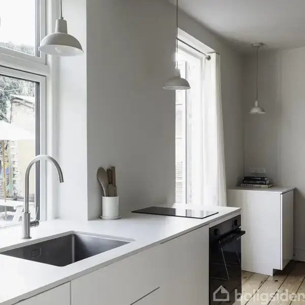 Moderne køkken med hvid bordplade, monteret kogeplade tæt på stor vask. Køkkenredskaber i en beholder. Naturligt lys fra to store vinduer. En stabel bøger står ved bagvæggen.