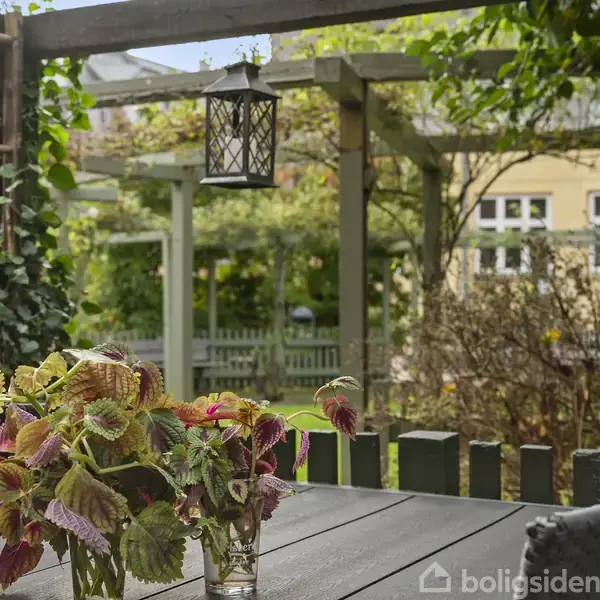 Plantens farverige blade står i en glasbeholder på et træbord. Lanternen hænger over bordet. Omgivelserne består af en frodig have med grønne planter og en gul bygning i baggrunden.
