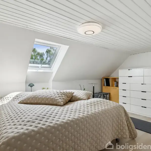 Et soveværelse med en dobbeltseng dækket af et lyst sengetæppe. Ved siden af sengen står en lampe og en plante. Et ovenlysvindue oplyser rummet, der har hvide møbler.
