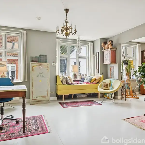 Et lyst værelse med skrivebord og stol til venstre. En gul sofa står foran store vinduer. Omgivet af tæpper, et skab og en lampe.