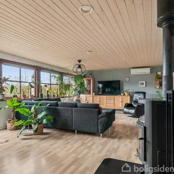 Stue med sort sofa og pejs. Store vinduer bringer lys ind, planter pynter rummet, og et TV er på skænk. Trægulve og trælofter skaber en hyggelig atmosfære.