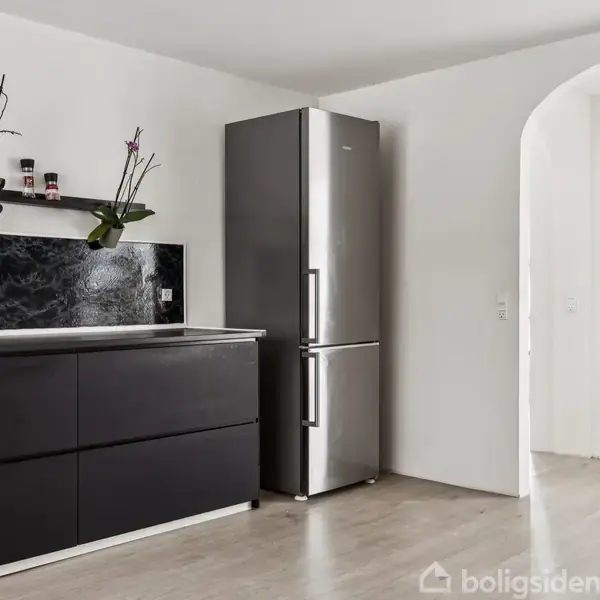 Et moderne køkken viser et højt, sølvfarvet køleskab ved siden af en sort skænk med appelsiner. Over skænken hænger to plantekrukker, og der er et flot sort bagpanel.