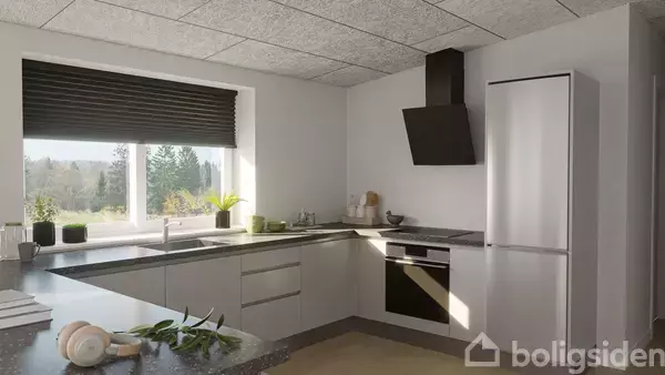 Et moderne køkken med sorte og hvide elementer; der er en ovn og emhætte. Vinduet har udsigt til natur. Flasker og planter står på bordet.