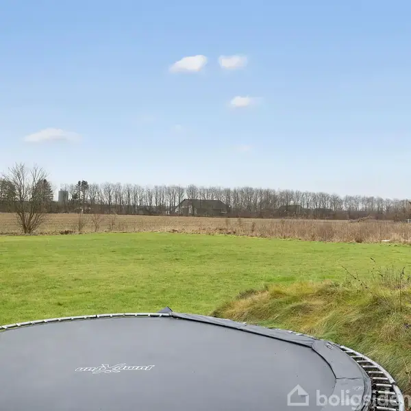 En stor trampolin står stille i en åben, grøn græsplæne. I baggrunden ses fladt landskab med træer under en klar blå himmel. Tekst på trampolinen: "BERG Champion".