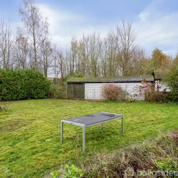 Trampolin står stille på en græsplæne omgivet af buske og træer. Et hvidt skur ligger i baggrunden under en blålig, overskyet himmel.