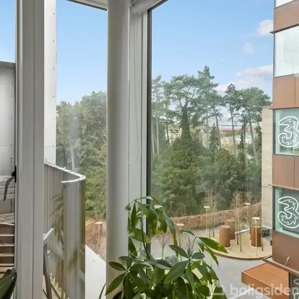 Indendørs plante ved en stor vindueskarm i højhuslejlighed; udenfor ses en lille altan, en høj bygning med "3" logo på skilt, træer og blå himmel.