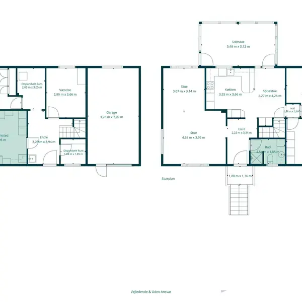 Plantegning over to etager i et hus. Kælder: bryggers/vaskerum, to værelser, garage, entré. Stueplan: køkken, stue, to værelser, spisestue, bad, udestue. Tekst: "Kælder", "Stueplan".
