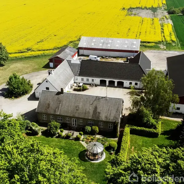 En gård set fra luften med hovedbygning og lade, omgivet af grønne marker og en gul blomstrende mark. En gårdsplads med grønne træer og en rund havepavillon i forgrunden.