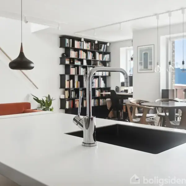 Køkkenvask på en hvid ø-action-dine kontekst-spisebord-bibliotek-stuemøbler ved vindue-lysende interiør-boghylde-farverig maleri-pendellampe.