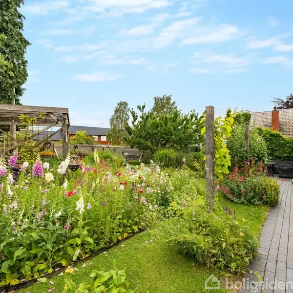 En farverig have i blomst står ved en flisebelagt sti, omkranset af en trærig baggrund og et træhegn i en rolig villakvarter.