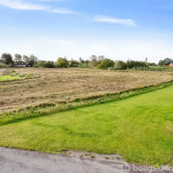 En stor, åben mark strækker sig mod horisonten. Foran marken er der en grøn græsplæne og en asfaltvej. Baggrunden indeholder spredte træer og huse under en blå himmel.