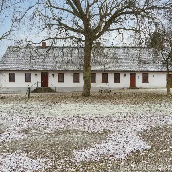 Et hvidt, enetages hus med mange vinduer står omgivet af træer på en sneklædt grund. To træer står tæt på huset under en klar, blå himmel.