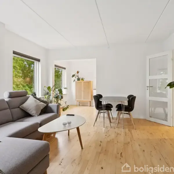 Grå sofa står i lys stue med trægulv, flankeret af grønne planter ved vinduer. Rundt spisebord med fire stole i hjørnet. Lyse, minimalistske omgivelser.