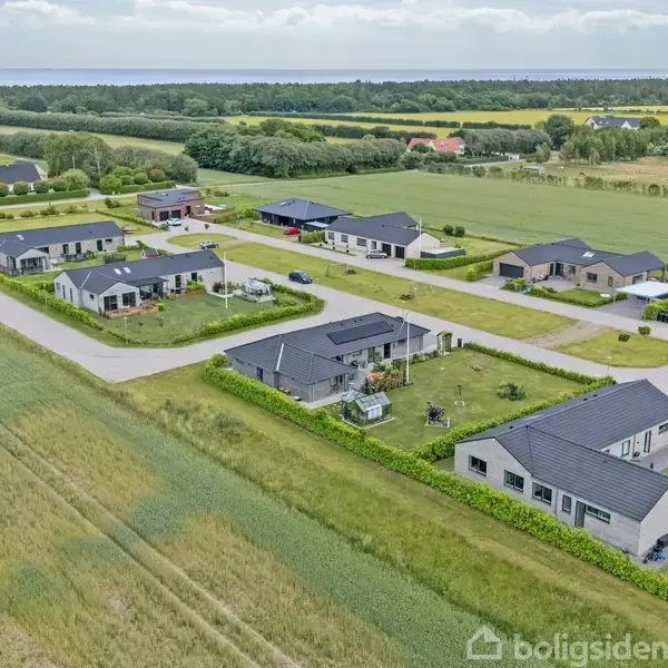 Flere moderne enfamiliehuse står i en lille, grøn bebyggelse omgivet af marker. Husene har haver, og veje forbinder dem. Foran ses åbne marker med skov i horisonten.