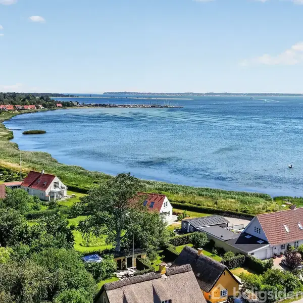 Flere huse ligger spredt langs kysten; de er omgivet af frodige haver. Havet strækker sig i baggrunden, mens en række træer og buske omkranser husene.